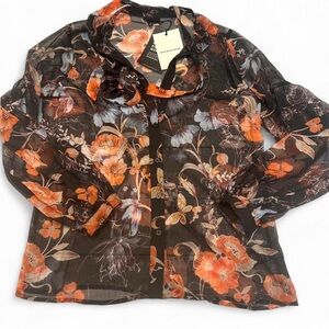 NWT WHO WHAT WEAR Sheer Floral Retro Boho Indie Cottage Long Sleeve Blouse Sz S